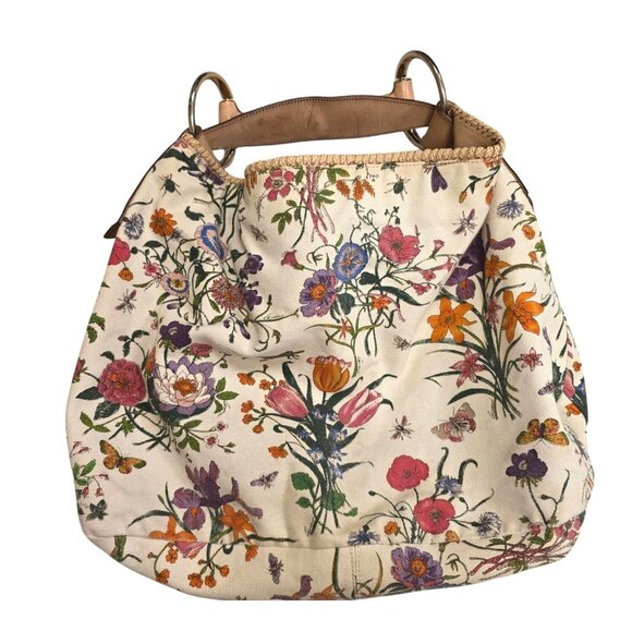 Gucci White Flora Horsebit Handbag Large Authentic Flower Butterfly Cricket - Picture 8 of 16